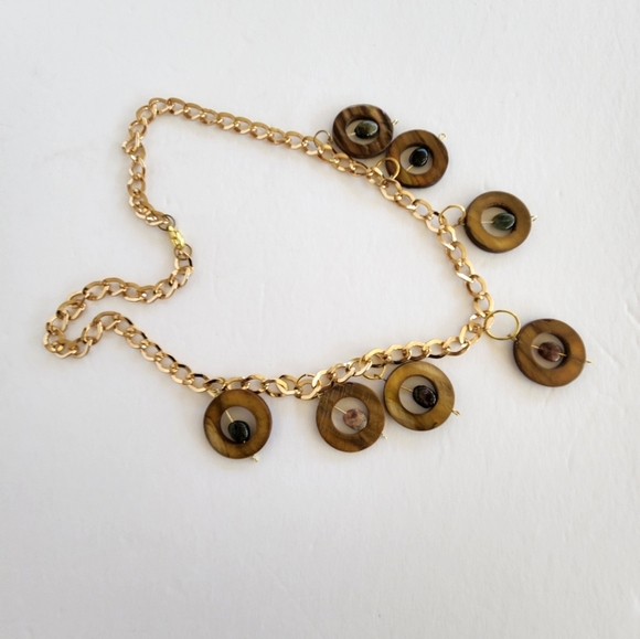 Hand Crafted Necklace Shells Stones Brown Green Chain Charm - Picture 3 of 7